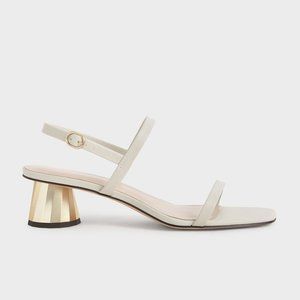 🟩 Charles & Keith  Metallic Cone Heel Slingback Sandals - Chalk